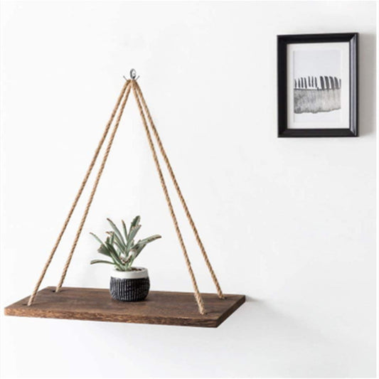 Wooden Wall Floating Shelves Swing with Jute Rope Rustic Wooden Board Plants Photo Display Storage Rack