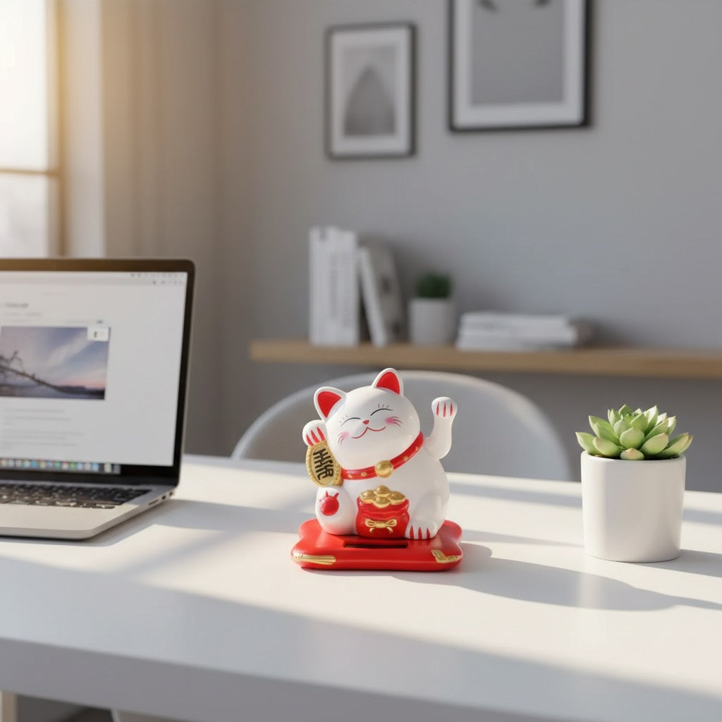 Kawaii lucky cat fortune cat Chinese decor placed on office desk beside laptop and succulent plant