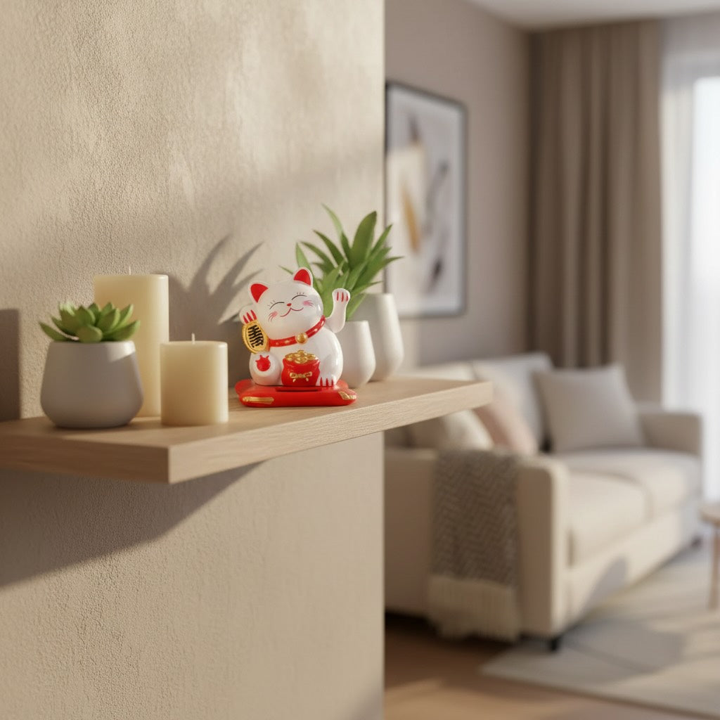 White kawaii lucky cat fortune cat Chinese ornament on living room shelf with candles and greenery