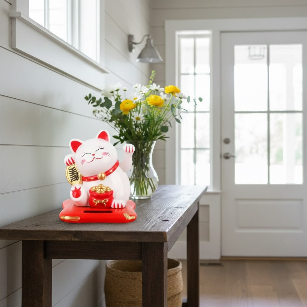 Kawaii lucky cat fortune cat Chinese statue on wooden entryway table next to vase of yellow flowers